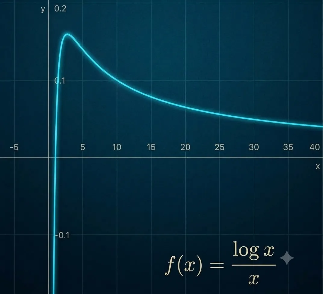 The function reaches its maximum at \(x=e\), where \(f(e)=1/e\)
